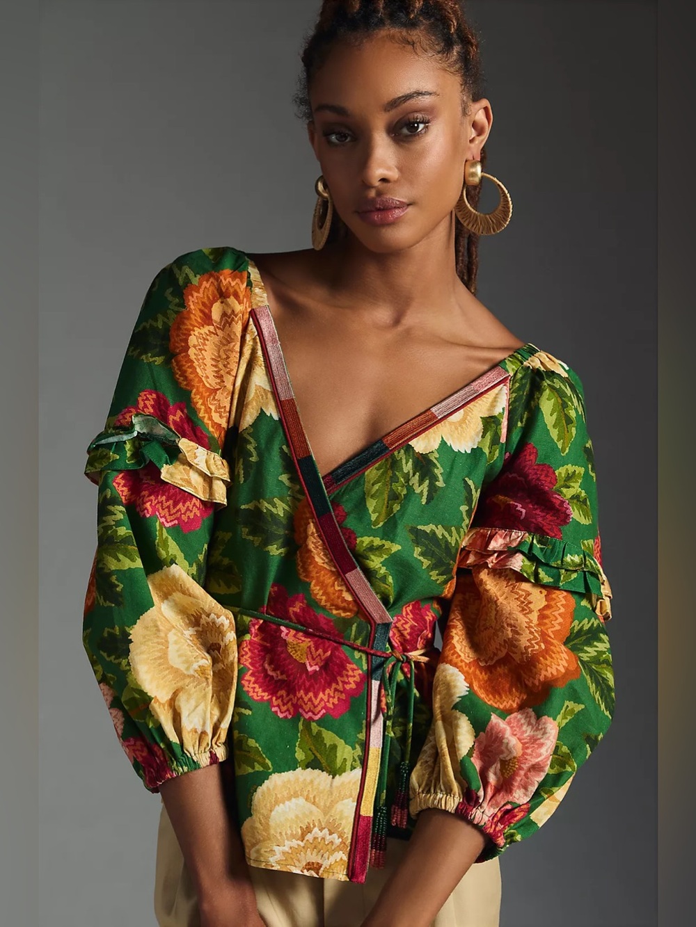Anthropologie Farm Rio Puff Sleeve Wrap Green Floral Blouse with Puff Sleeve Sm